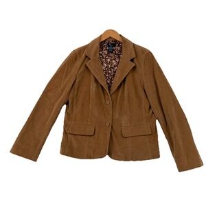 New Frontier Tan Corduroy Blazer Jacket Womens Medium Floral Lining Boho Stretch